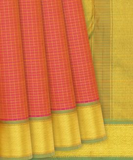 Dark Peach Handloom Kanchipuram Silk Saree With Checks
