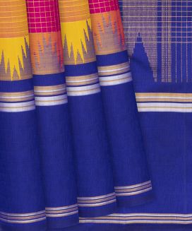 Multi Color Handloom Kanchipuram Korvai Silk Saree With Silk Checks
