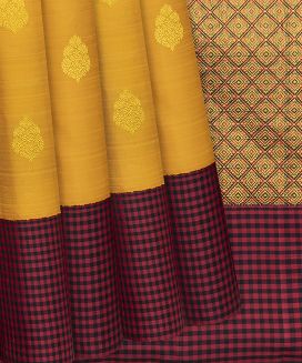 Mustard Handloom Kanchipuram Korvai Silk Saree With Floral Buttas
