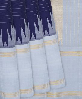 Dark Blue Handloom Kanchipuram Korvai Silk Saree With Stripes
