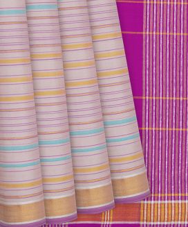 Baby Pink Handloom Kanchipuram Silk Saree With Multi Stripes
