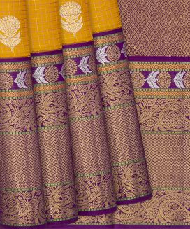 Mango Yellow Handloom Kanchipuram Korvai Silk Saree With Zari Checks  
