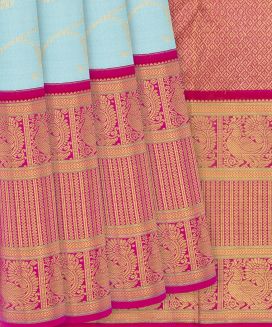 Turquoise Handloom Kanchipuram Korvai Silk Saree With Floral Zari Motifs  
