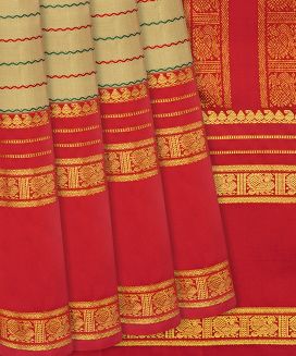 Beige Handloom Kanchipuram Korvai Silk Saree With Beldari Stripes
