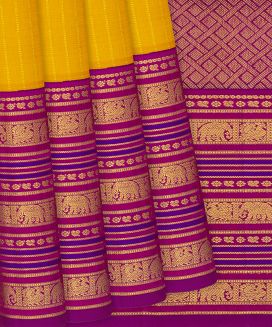 Yellow Handloom Kanchipuram Korvai Silk Saree With Stripes
