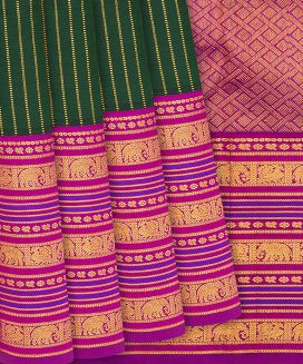 Dark Green Handloom Kanchipuram Korvai Silk Saree With Stripes
