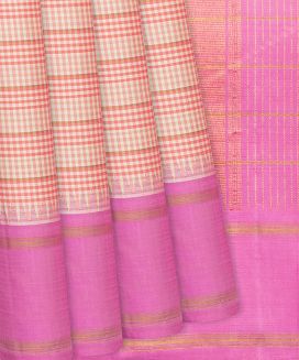 Light Peach Handloom Kanchipuram Korvai Silk Saree With Checks
