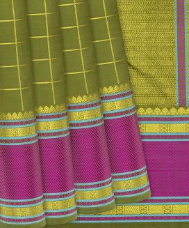 Olive Green Handloom Kanchipuram Silk Saree With Zari Checks
