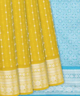Mustard Handloom Kanchipuram Silk Saree With Stripes

