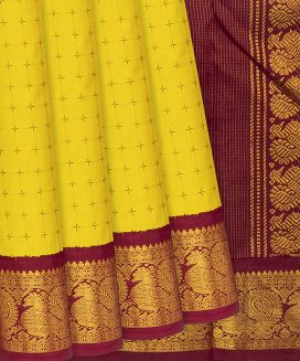 Lemon Yellow Handloom Korvai Kanchipuram Silk Saree With Plus Motifs
