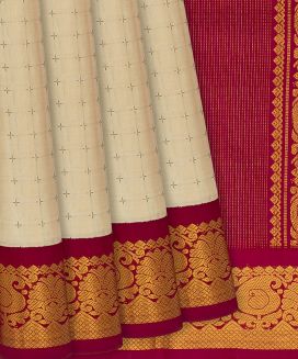 Cream Handloom Korvai Kanchipuram Silk Saree With Plus Motifs
