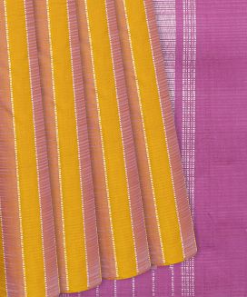Mustard Handloom Kanchipuram Silk Saree With Dotted Stripes

