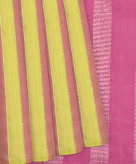 Yellow & Peach Handloom Kanchipuram Silk Saree With Stripes

