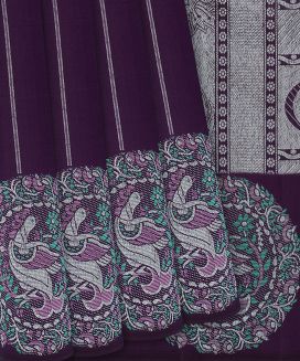 Burgundy Handloom Kanchipuram Silk Saree With Stripes
