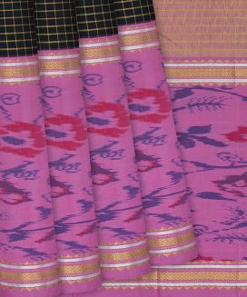 Black Handloom Kanchipuram Silk Saree With Zari Checks
