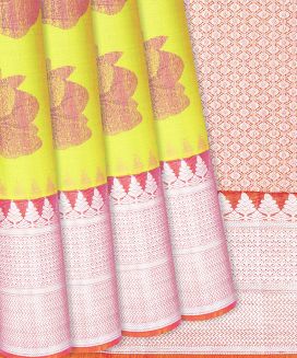 Mustard Handloom Kanchipuram Silk Saree With Floral Vine Motifs
