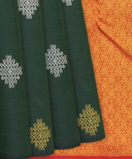 Bottle Green Handloom Kanchipuram Silk Saree With Kolam Buttas
