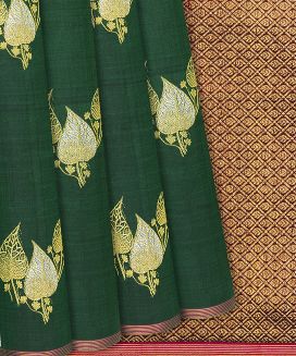Dark Green Handloom Kanchipuram Silk Saree With Leaf Buttas
