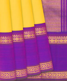 Light Yellow Handloom Kanchipuram Korvai Silk Saree With Contrast Purple Border
