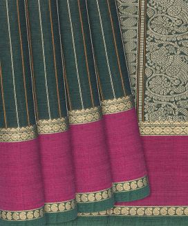 Sea Green Handloom Kanchi Cotton Saree With Stripes
