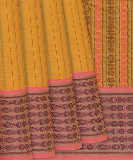 Mustard Handloom Kanchi Cotton Saree With Stripes
