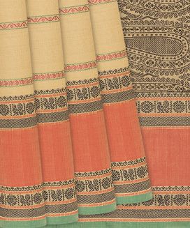 Sandal Handloom Kanchi Cotton Saree With Stripes
