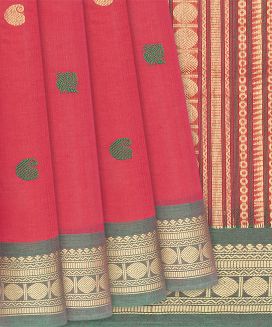 Red Handloom Kanchi Cotton Saree With Annam & Mango Buttas
