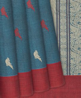 Sky Blue Handloom Kanchi Cotton Saree With Parrot Buttas
