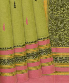 Light Green Handloom Kanchi Cotton Saree With Jasmine Bud Buttas
