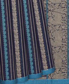Navy Blue Handloom Kanchi Cotton Saree With Annam Stripes
