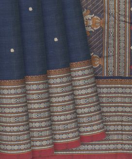 Navy Blue Handloom Kanchi Cotton Saree With Rudraksham Buttas
