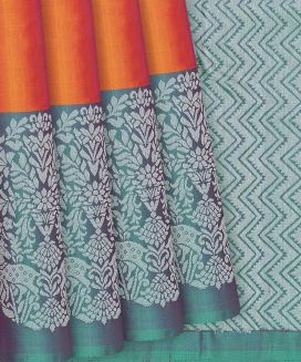Orange Handloom Soft Silk Saree With Steel Blue Border
