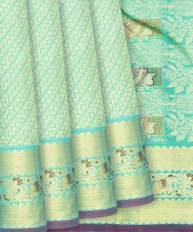 Turquoise Handloom Kanchipuram Silk Saree With Floral Motifs
