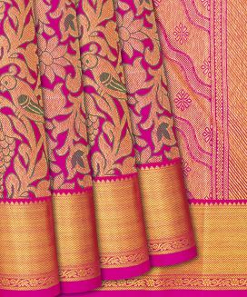 Hot Pink Handloom Kanchipuram Silk Saree With Meena Bird Motifs
