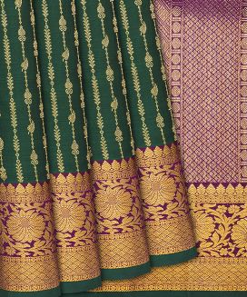 Bottle Green Handloom Kanchipuram Silk Saree With Floral Stripes
