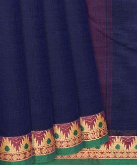 Dark Blue Handloom Chettinad Plain Cotton Saree With Kamalam Motifs
