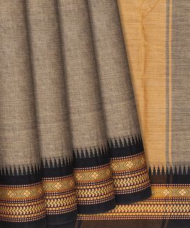 Chocolate Handloom Chettinad Plain Cotton Saree With Temple Border Motifs
