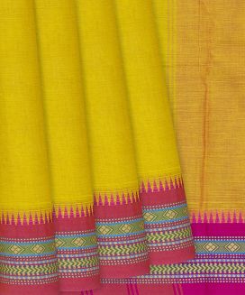 Lemon Green Handloom Chettinad Plain Cotton Saree With Temple Border Motifs
