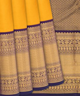 Yellow Silk Saree With Zari Stirpes & Contrast Border
