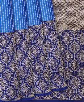 Cyan Silk Saree With Stripes & Contrast Border
