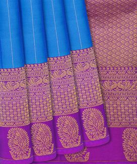 Sky Blue Silk Saree With Stripes & Purple Border
