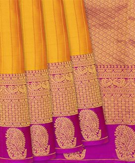 Yellow Silk Saree With Stripes & Pink Border
