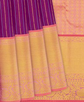Magenta Silk Saree With Zari Stripes & Contrast Border
