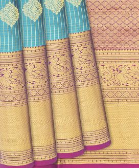 Cyan Silk Saree With Zari Stripes & Contrast Border
