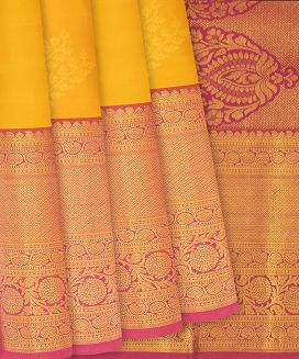 Turmeric Yellow Silk Saree With Stripes & Floral Buttas
