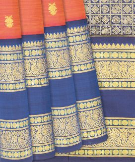 Orange Handloom Kanchipuram Korvai Silk Saree With Gandaberunda Motifs
