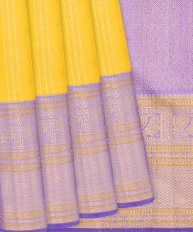 Yellow Handloom Kanchipuram Silk Saree With Floral Stripes
