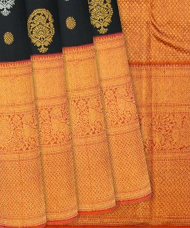 Black Handloom Kanchipuram Korvai Silk Saree Mango Motifs
