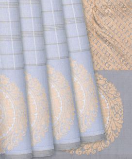 Grey Handloom Kanchipuram Silk Saree With Zari Checks

