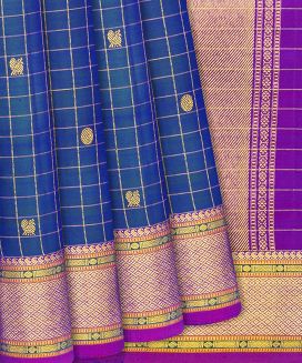 Blue Handloom Kanchipuram Silk Saree With Checks & Buttas
